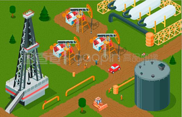 等距石油工業(yè)水平組成與石油生產(chǎn)設(shè)施儲(chǔ)存和工廠建筑泵千斤頂矢量插圖